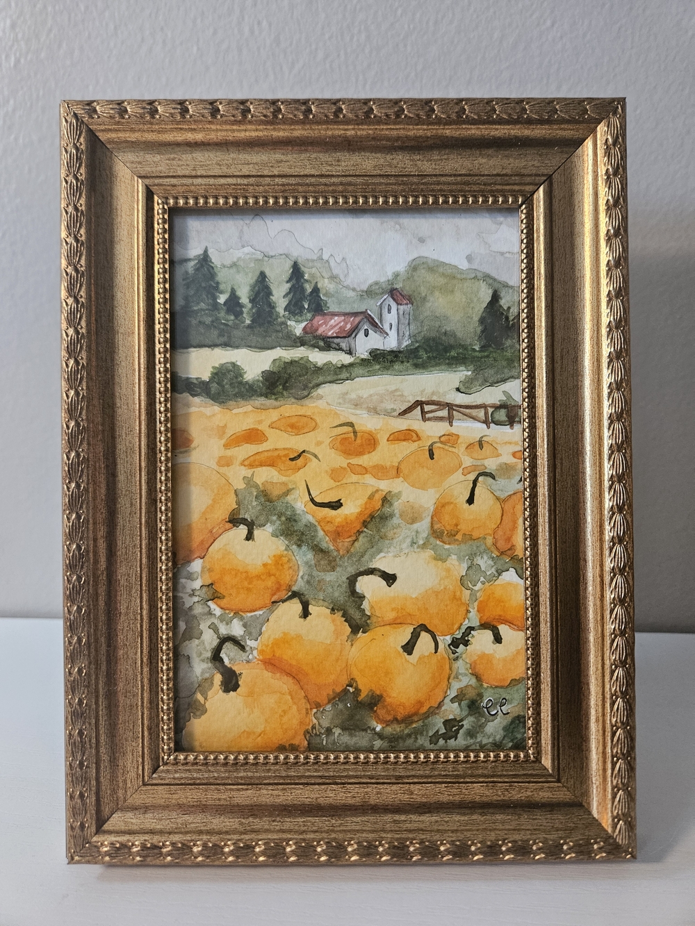 Original Pumpkin Field And Farmhouse Watercolor Art in Vintage Gold Frame